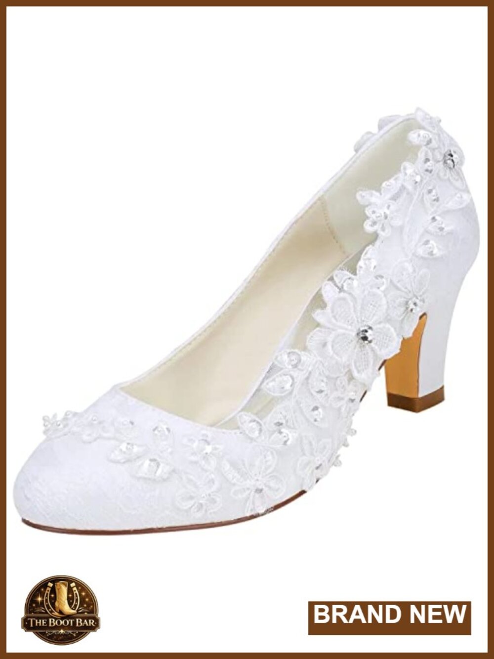 Wedding Shoes Silk Satin Chunky Heel Pumps with Rhinestone Lace Flower Crystal